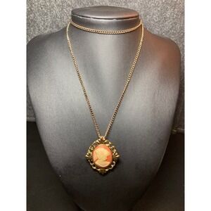 Vtg 24 Peri Signed Cameo Pendant Necklace Brooch Gold Tone Salmon Pink Victorian